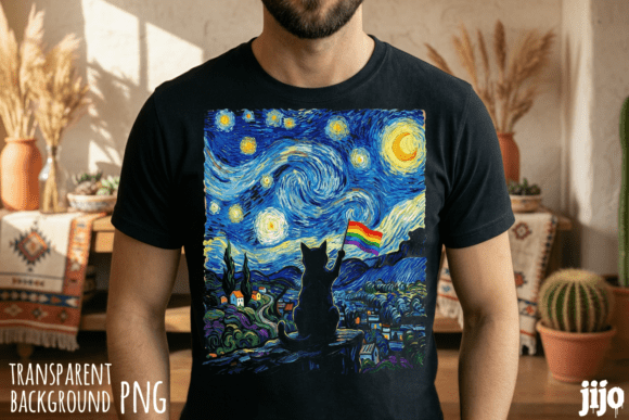 Embrace Vibrant Feline Pride: A Starry Rainbow Design for Creatives